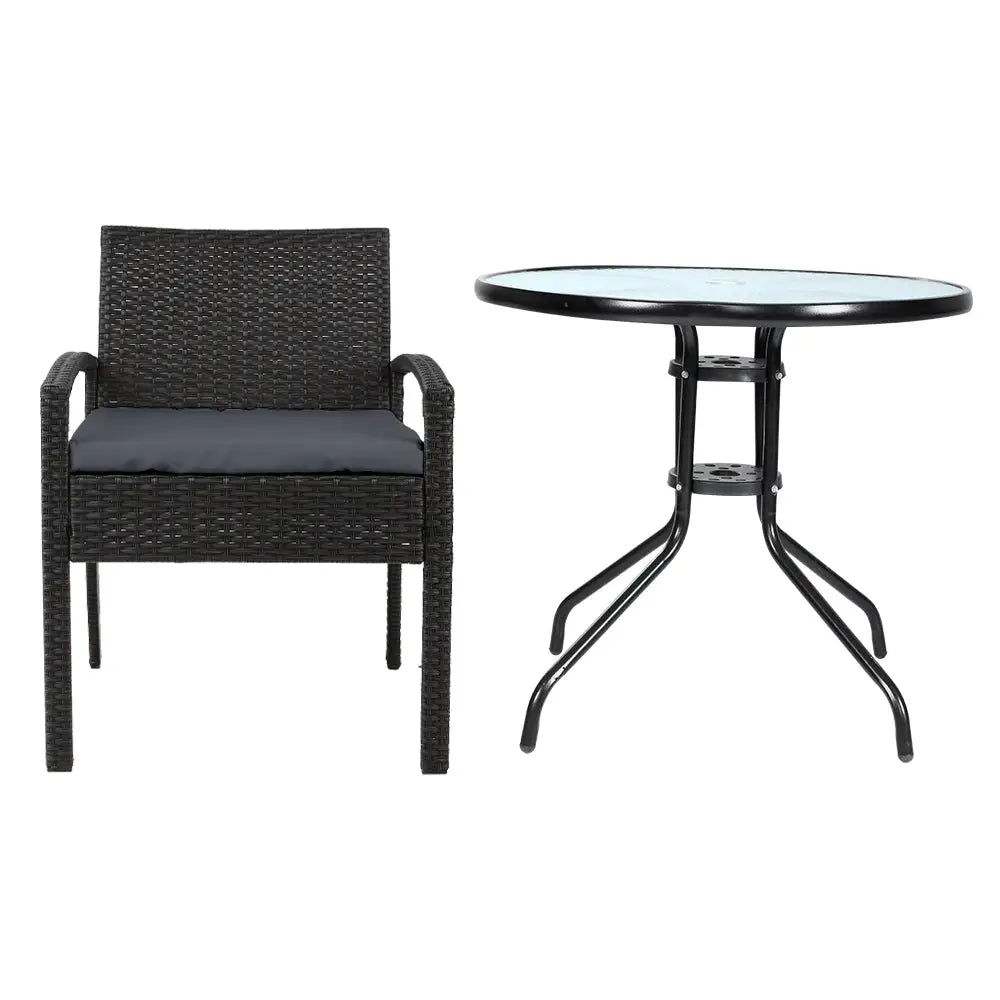Gardeon 3PC Bistro Set Outdoor Furniture Rattan Table Chairs Cushion Patio Garden Felix - Furniture > Outdoor