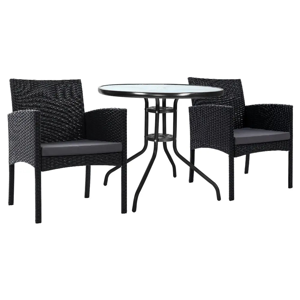 Gardeon 3PC Bistro Set Outdoor Furniture Rattan Table Chairs Cushion Patio Garden Ezra - Furniture > Outdoor