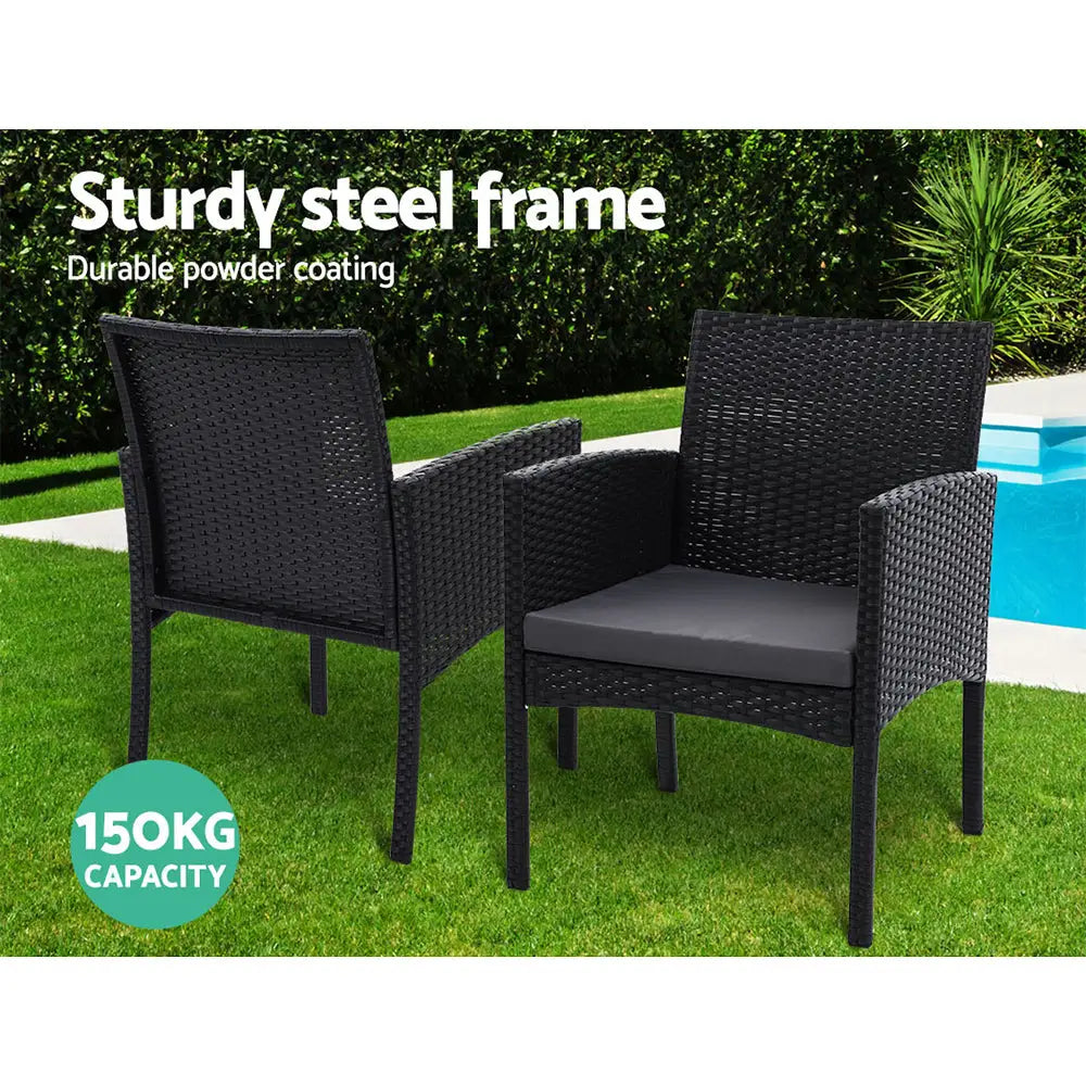 Gardeon 3PC Bistro Set Outdoor Furniture Rattan Table Chairs Cushion Patio Garden Ezra - Furniture > Outdoor