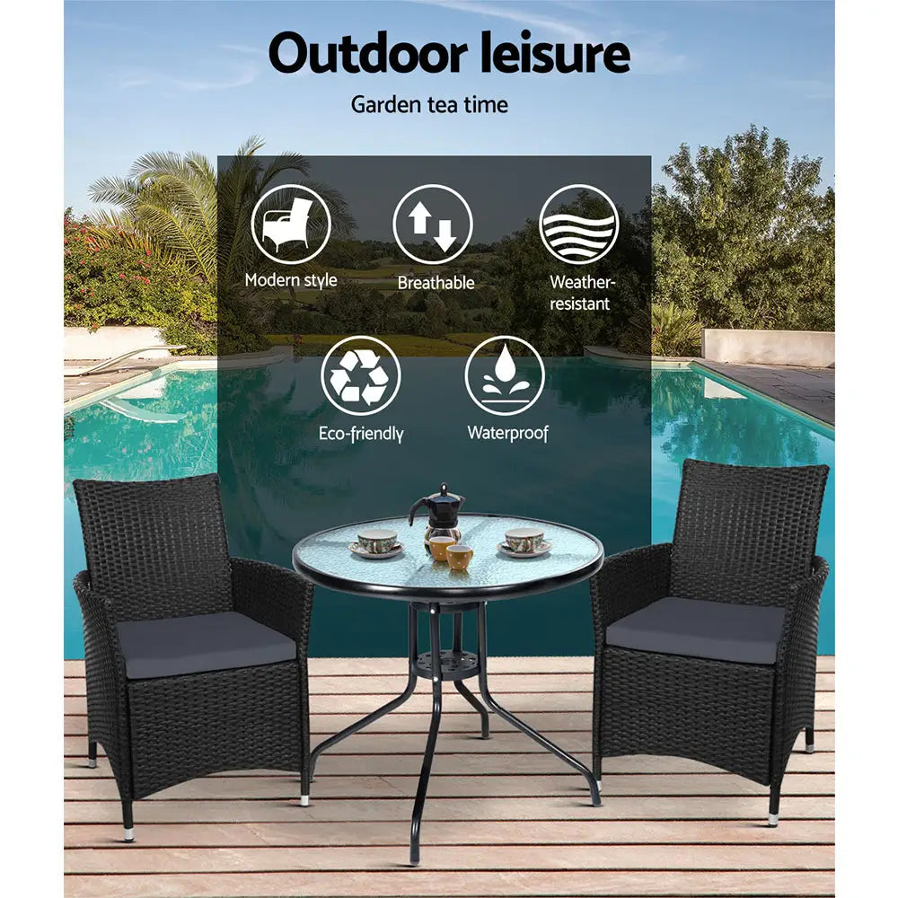 Gardeon 3PC Bistro Set Outdoor Furniture Rattan Table Chairs Cushion Patio Garden Idris - Furniture > Outdoor