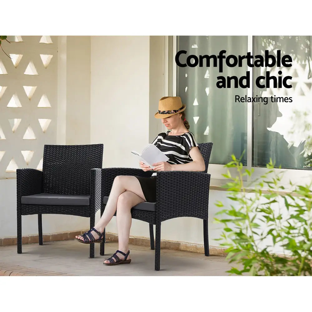 Gardeon 3PC Bistro Set Outdoor Furniture Rattan Table Chairs Cushion Patio Garden Ezra - Furniture > Outdoor
