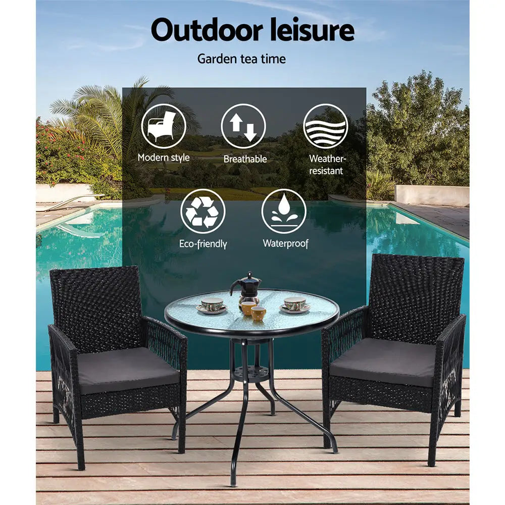 Gardeon 3PC Bistro Set Outdoor Furniture Rattan Table Chairs Cushion Patio Garden Lyra - Furniture > Outdoor