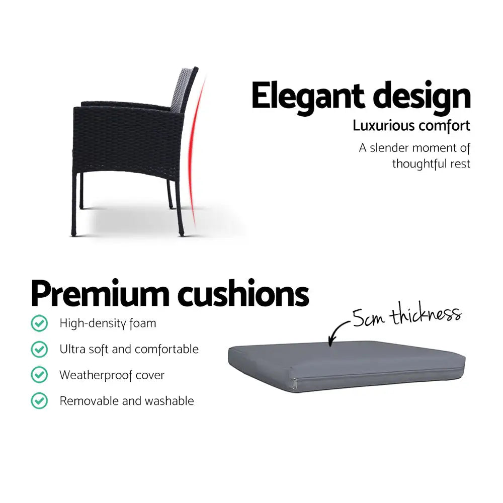Gardeon 3PC Bistro Set Outdoor Furniture Rattan Table Chairs Cushion Patio Garden Ezra - Furniture > Outdoor
