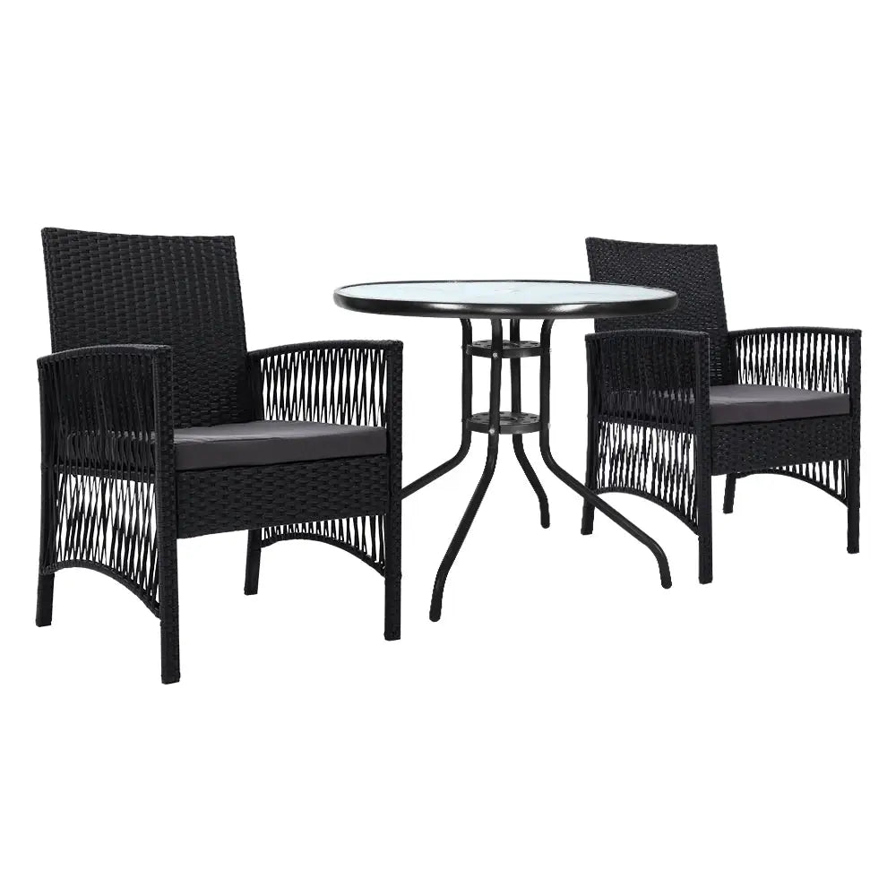 Gardeon 3PC Bistro Set Outdoor Furniture Rattan Table Chairs Cushion Patio Garden Lyra - Furniture > Outdoor