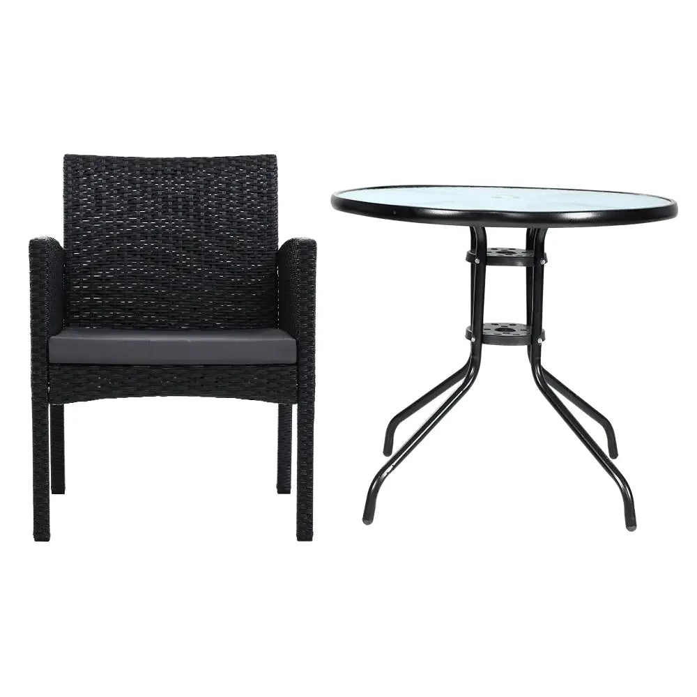 Gardeon 3PC Bistro Set Outdoor Furniture Rattan Table Chairs Cushion Patio Garden Ezra - Furniture > Outdoor
