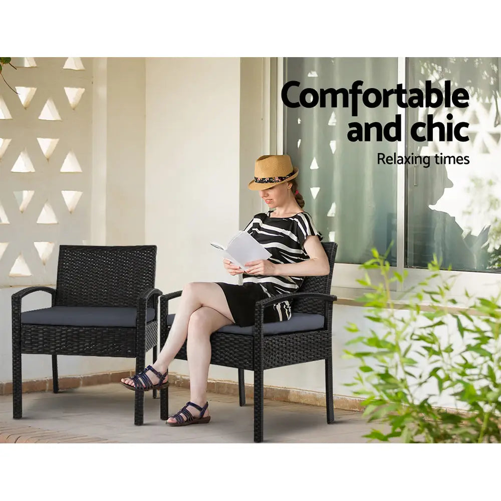 Gardeon 3PC Bistro Set Outdoor Furniture Rattan Table Chairs Cushion Patio Garden Felix - Furniture > Outdoor