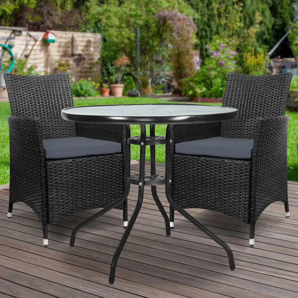 Gardeon 3PC Bistro Set Outdoor Furniture Rattan Table Chairs Cushion Patio Garden Idris - Furniture > Outdoor