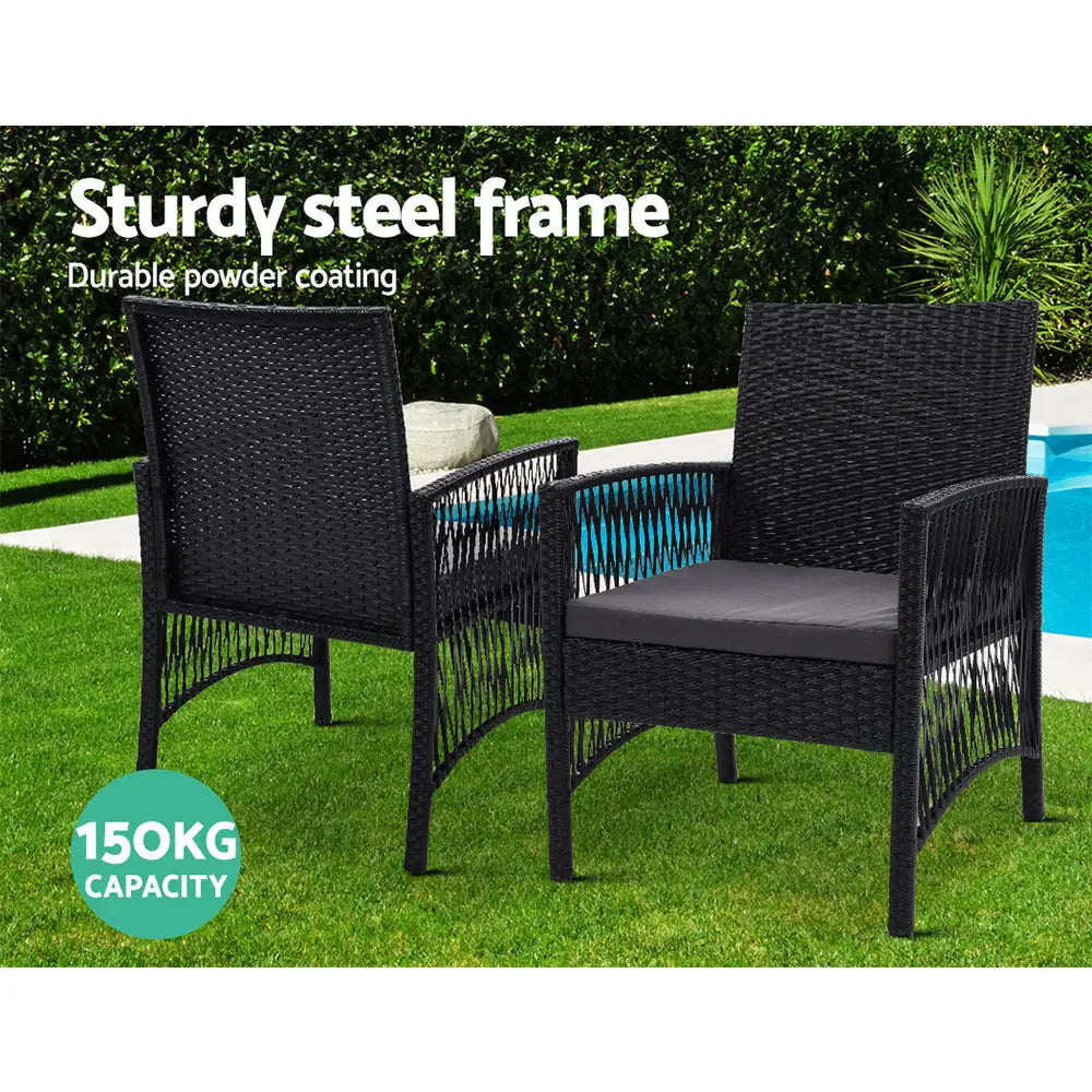 Gardeon 3PC Bistro Set Outdoor Furniture Rattan Table Chairs Cushion Patio Garden Lyra - Furniture > Outdoor