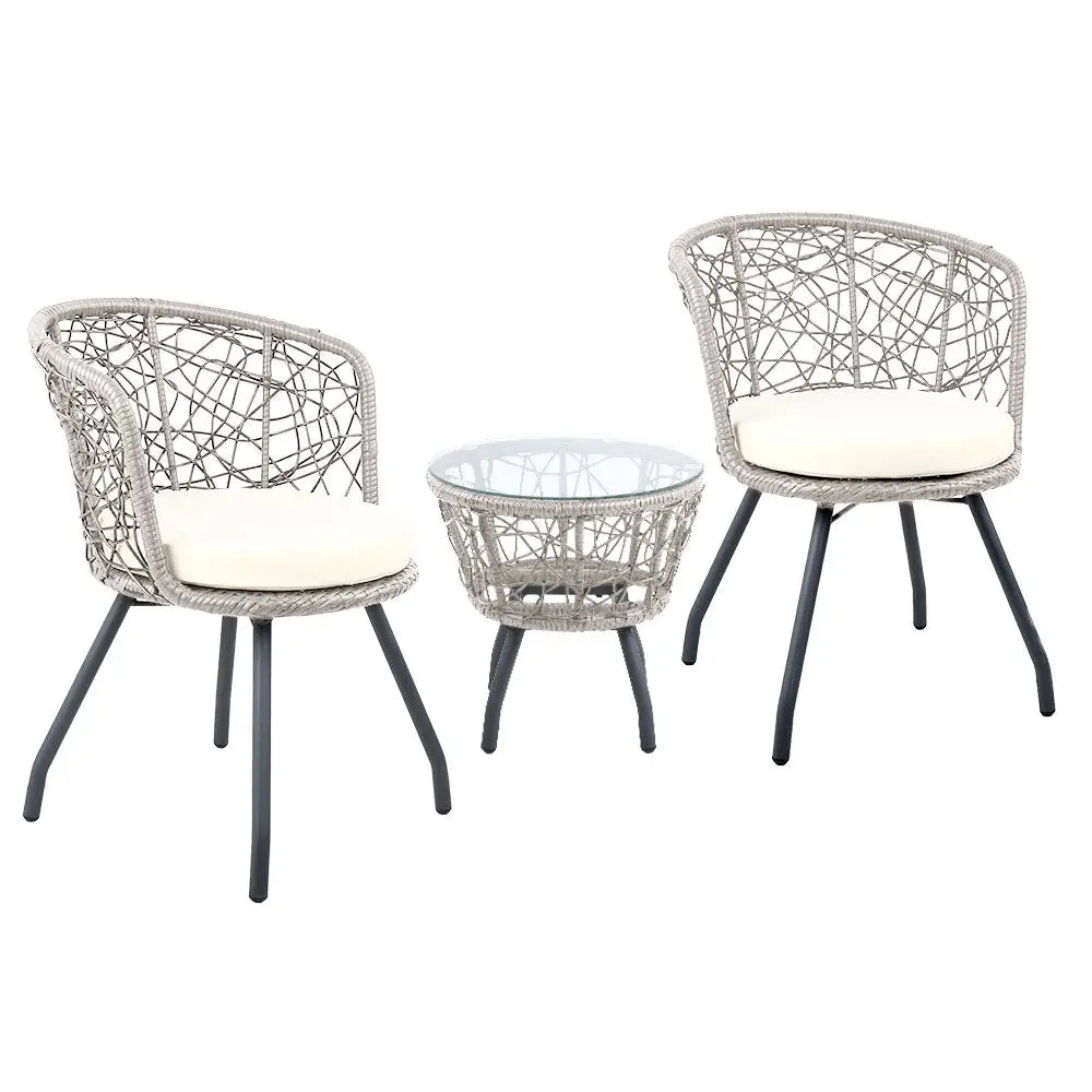 Gardeon 3PC Bistro Set Outdoor Furniture Rattan Table Chairs Patio Garden Cushion Grey - Furniture > Outdoor