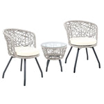 Gardeon 3PC Bistro Set Outdoor Furniture Rattan Table Chairs Patio Garden Cushion Grey - Furniture > Outdoor