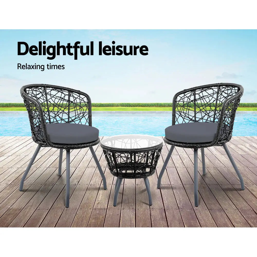 Gardeon 3PC Bistro Set Outdoor Furniture Rattan Table Chairs Patio Garden Cushion Black - Furniture > Outdoor