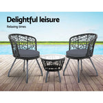 Gardeon 3PC Bistro Set Outdoor Furniture Rattan Table Chairs Patio Garden Cushion Black - Furniture > Outdoor