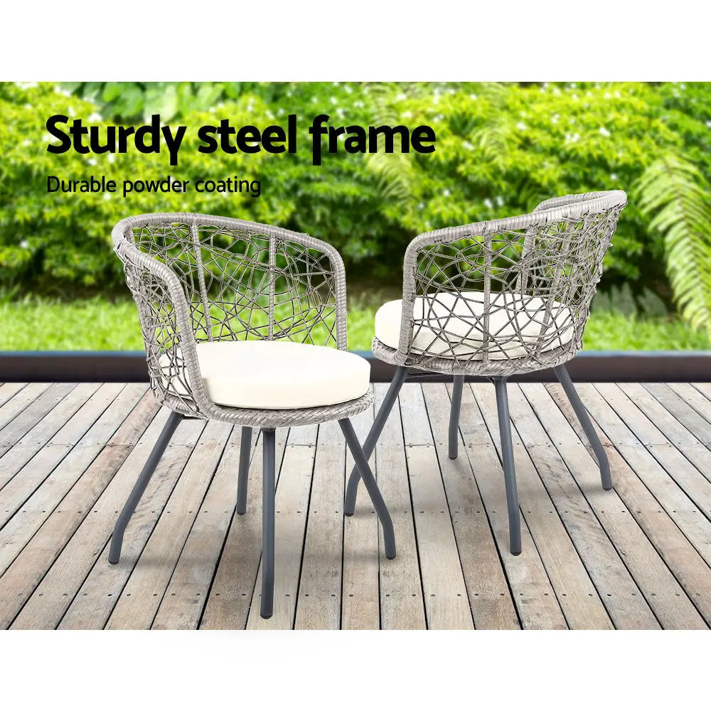Gardeon 3PC Bistro Set Outdoor Furniture Rattan Table Chairs Patio Garden Cushion Grey - Furniture > Outdoor