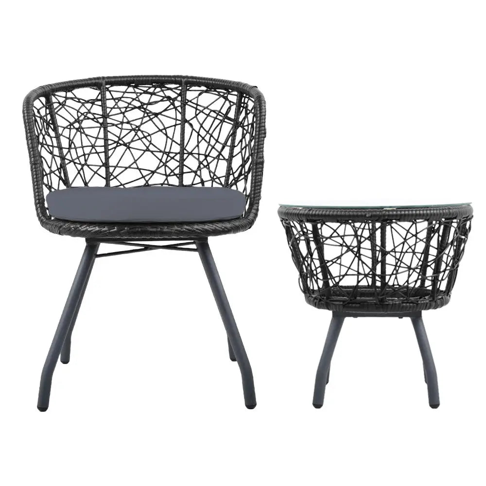 Gardeon 3PC Bistro Set Outdoor Furniture Rattan Table Chairs Patio Garden Cushion Black - Furniture > Outdoor