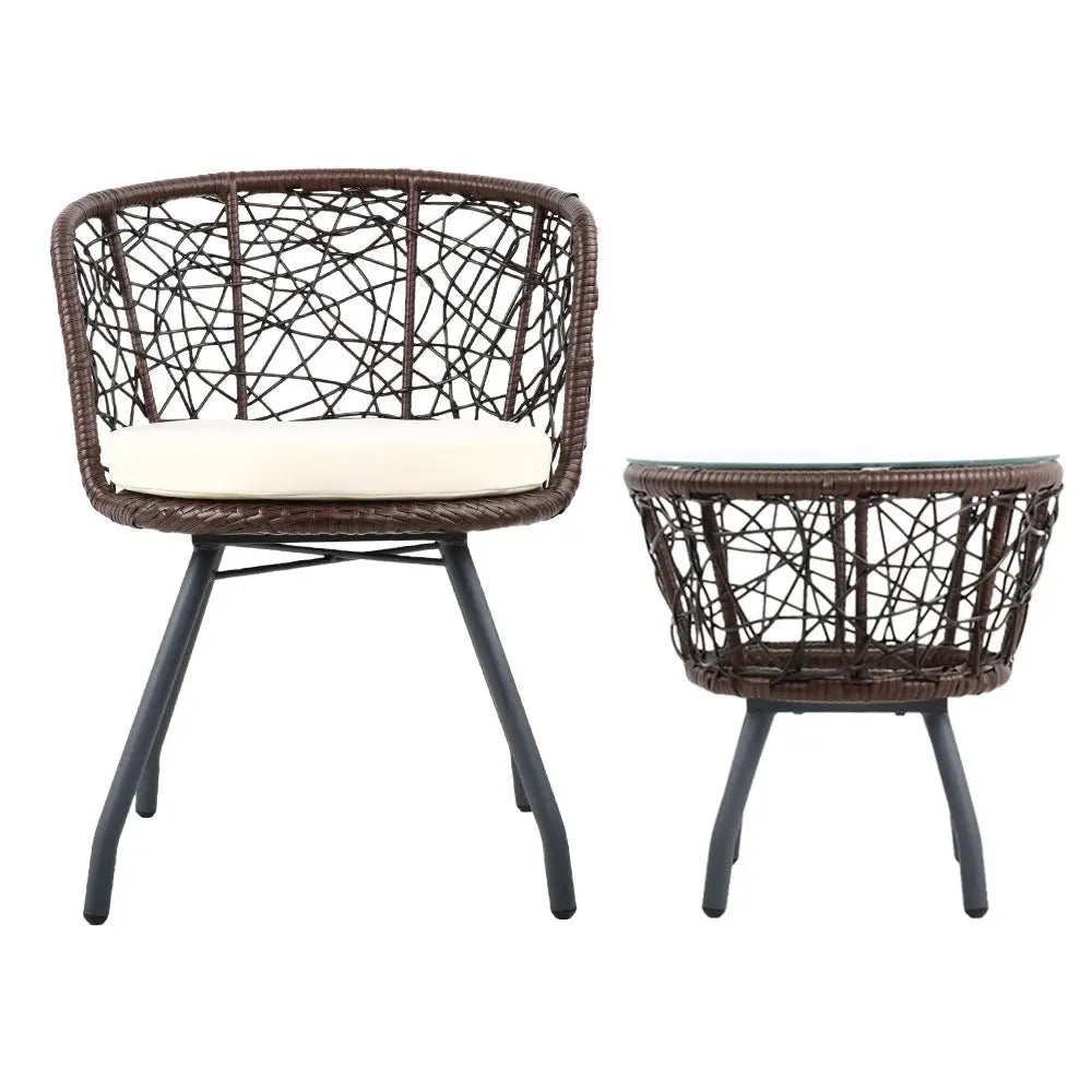 Gardeon 3PC Bistro Set Outdoor Furniture Rattan Table Chairs Patio Garden Cushion Brown - Furniture > Outdoor