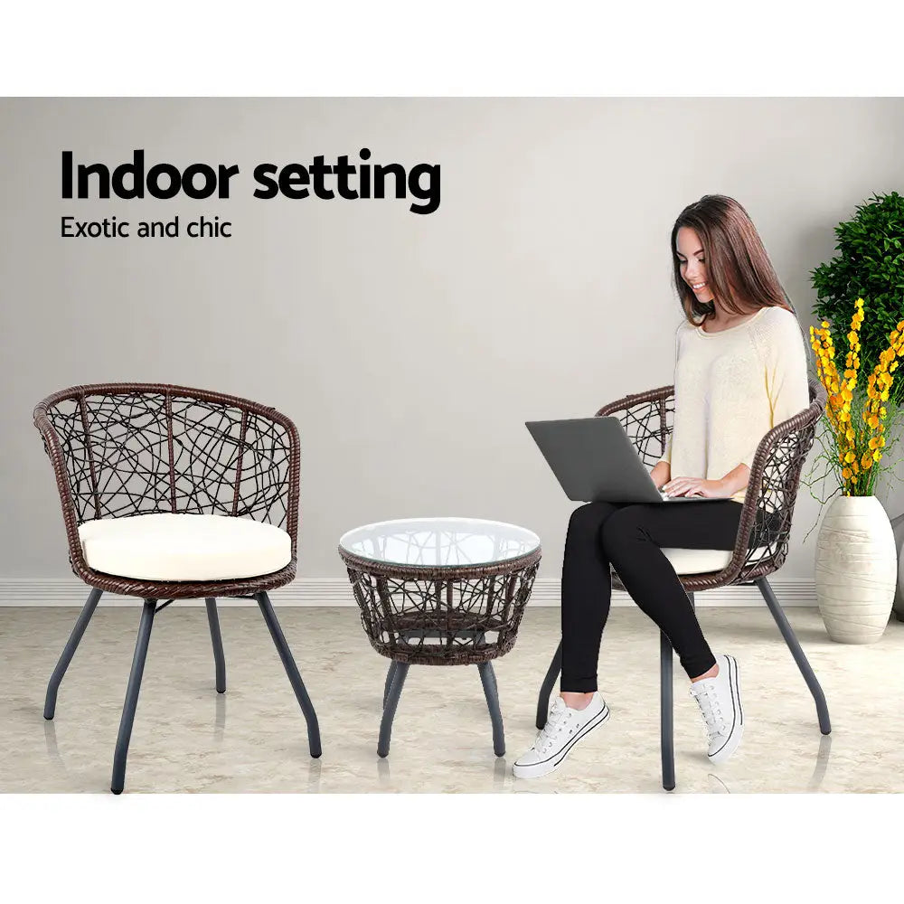 Gardeon 3PC Bistro Set Outdoor Furniture Rattan Table Chairs Patio Garden Cushion Brown - Furniture > Outdoor