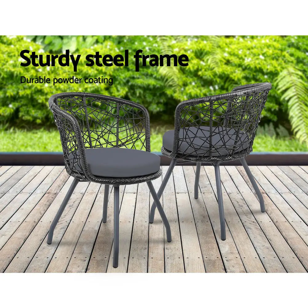 Gardeon 3PC Bistro Set Outdoor Furniture Rattan Table Chairs Patio Garden Cushion Black - Furniture > Outdoor