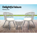 Gardeon 3PC Bistro Set Outdoor Furniture Rattan Table Chairs Patio Garden Cushion Grey - Furniture > Outdoor
