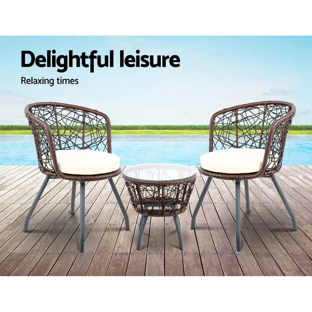 Gardeon 3PC Bistro Set Outdoor Furniture Rattan Table Chairs Patio Garden Cushion Brown - Furniture > Outdoor