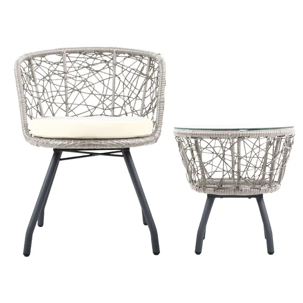 Gardeon 3PC Bistro Set Outdoor Furniture Rattan Table Chairs Patio Garden Cushion Grey - Furniture > Outdoor