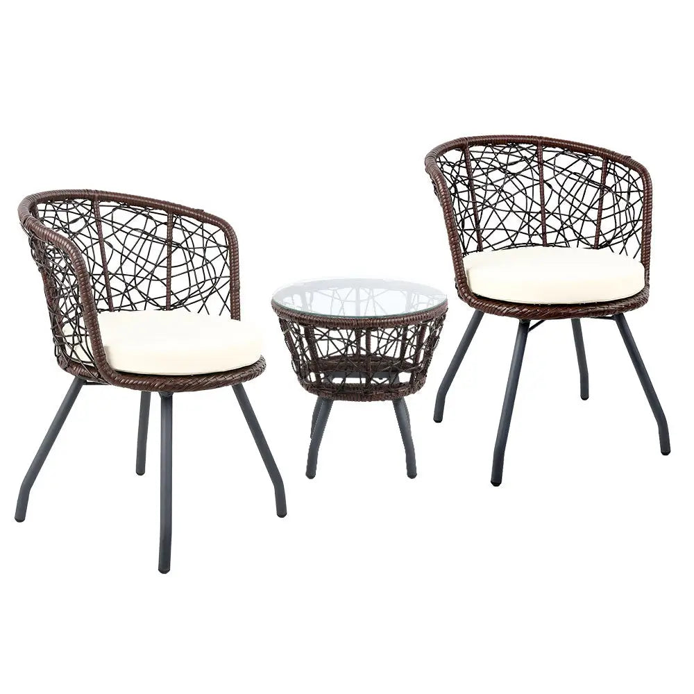 Gardeon 3PC Bistro Set Outdoor Furniture Rattan Table Chairs Patio Garden Cushion Brown - Furniture > Outdoor
