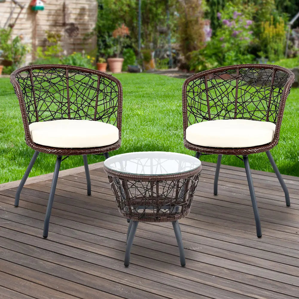 Gardeon 3PC Bistro Set Outdoor Furniture Rattan Table Chairs Patio Garden Cushion Brown - Furniture > Outdoor