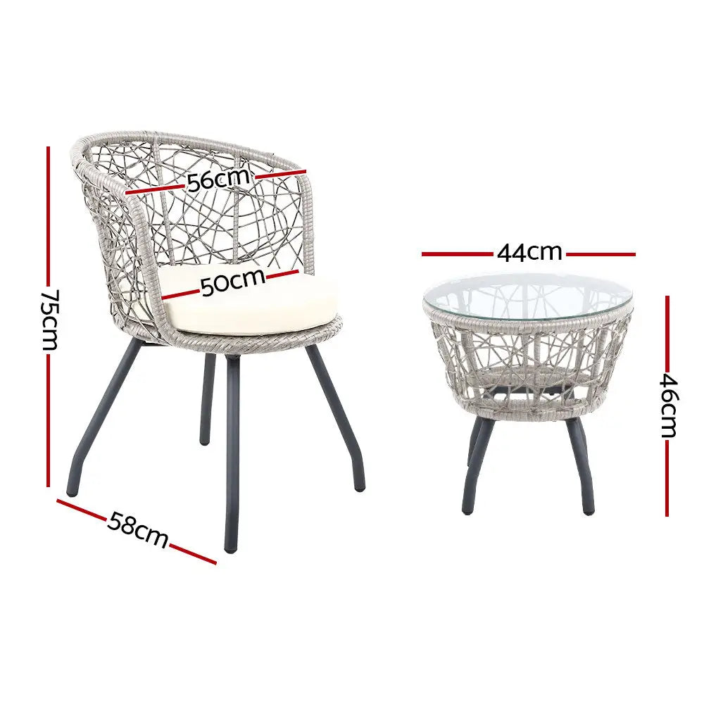 Gardeon 3PC Bistro Set Outdoor Furniture Rattan Table Chairs Patio Garden Cushion Grey - Furniture > Outdoor