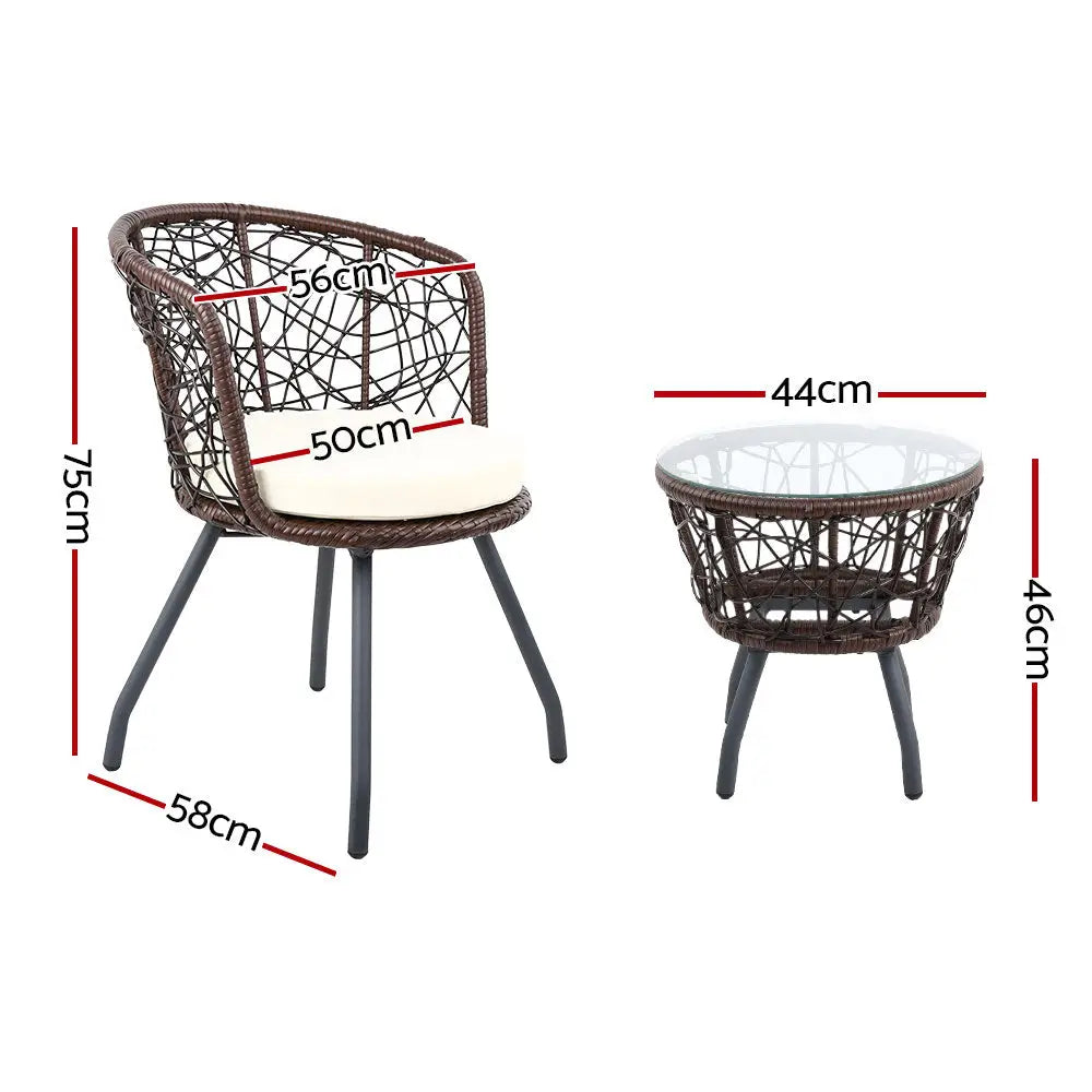 Gardeon 3PC Bistro Set Outdoor Furniture Rattan Table Chairs Patio Garden Cushion Brown - Furniture > Outdoor