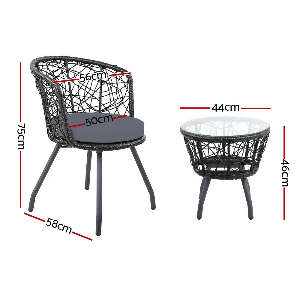 Gardeon 3PC Bistro Set Outdoor Furniture Rattan Table Chairs Patio Garden Cushion Black - Furniture > Outdoor