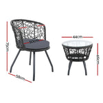 Gardeon 3PC Bistro Set Outdoor Furniture Rattan Table Chairs Patio Garden Cushion Black - Furniture > Outdoor