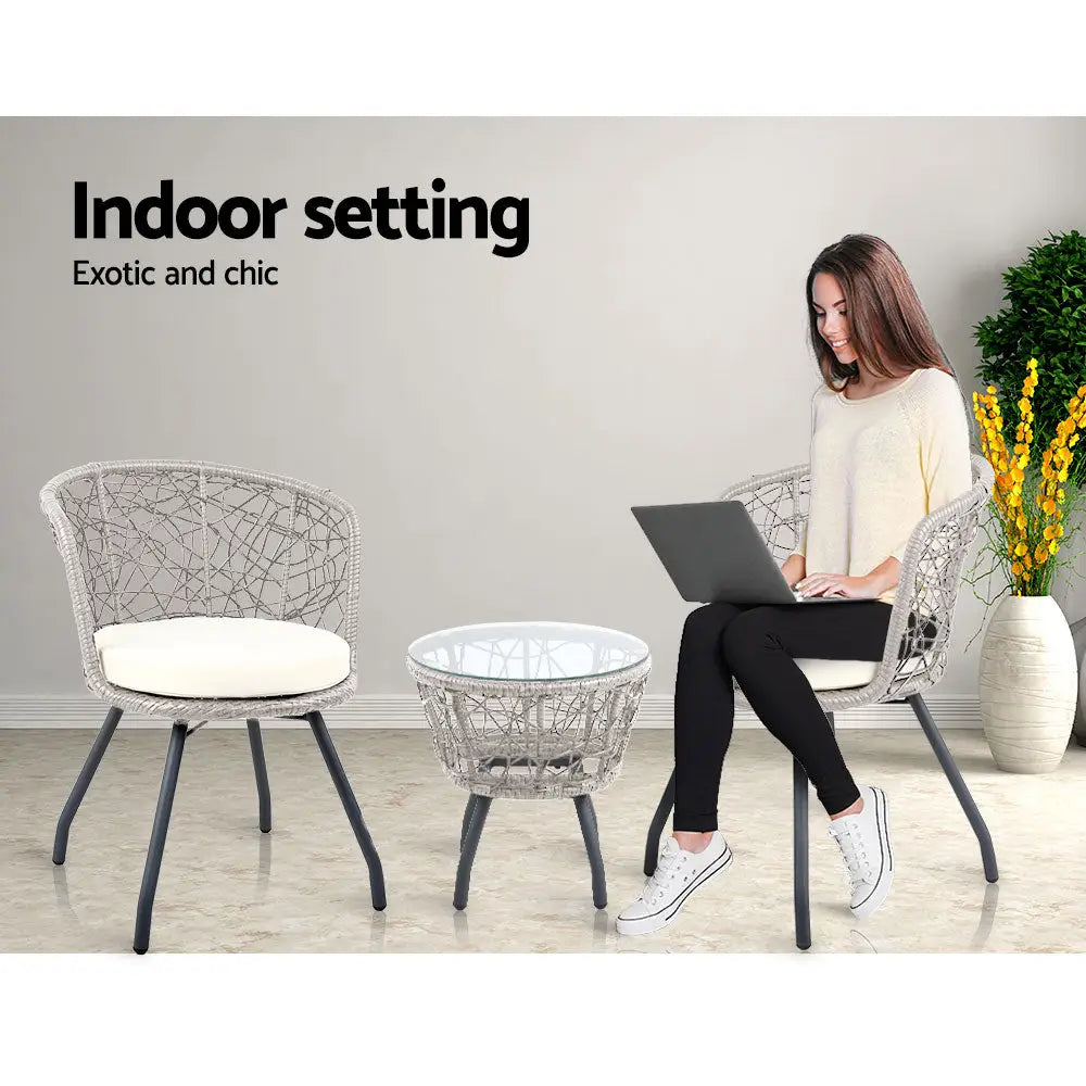 Gardeon 3PC Bistro Set Outdoor Furniture Rattan Table Chairs Patio Garden Cushion Grey - Furniture > Outdoor