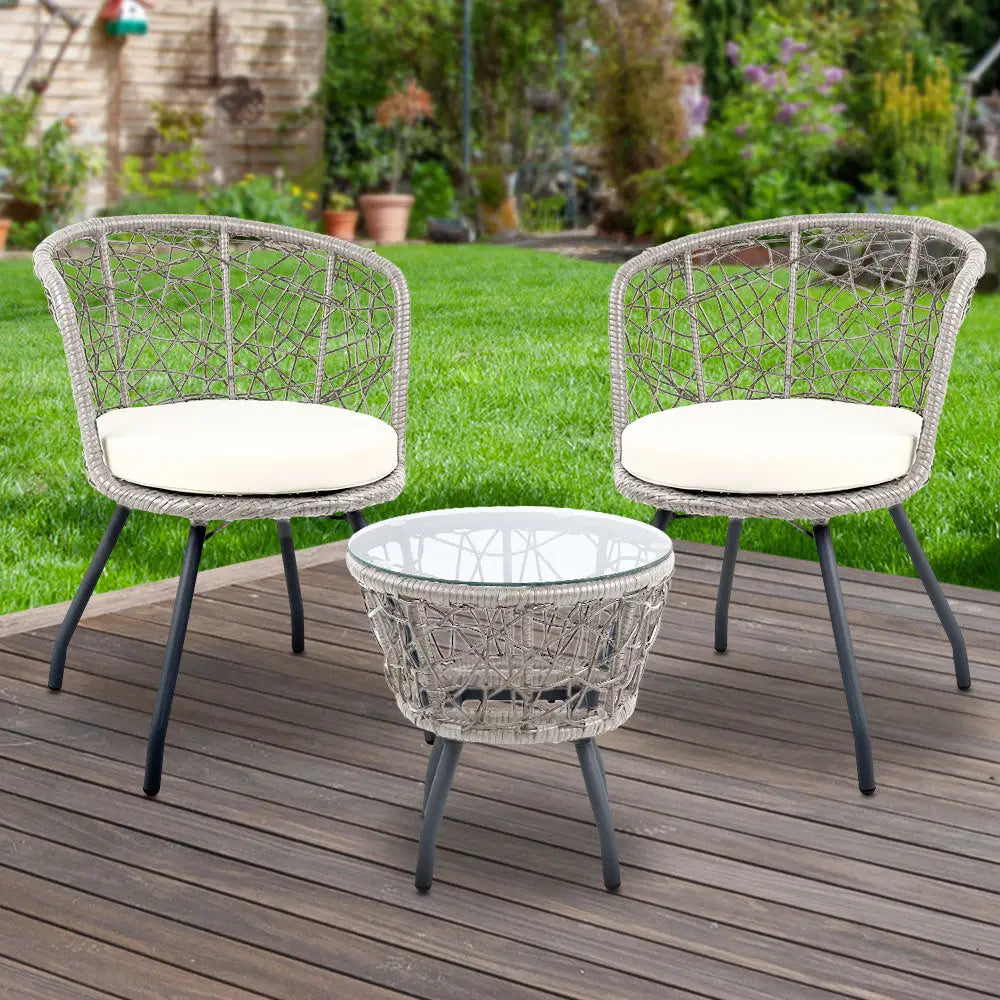 Gardeon 3PC Bistro Set Outdoor Furniture Rattan Table Chairs Patio Garden Cushion Grey - Furniture > Outdoor