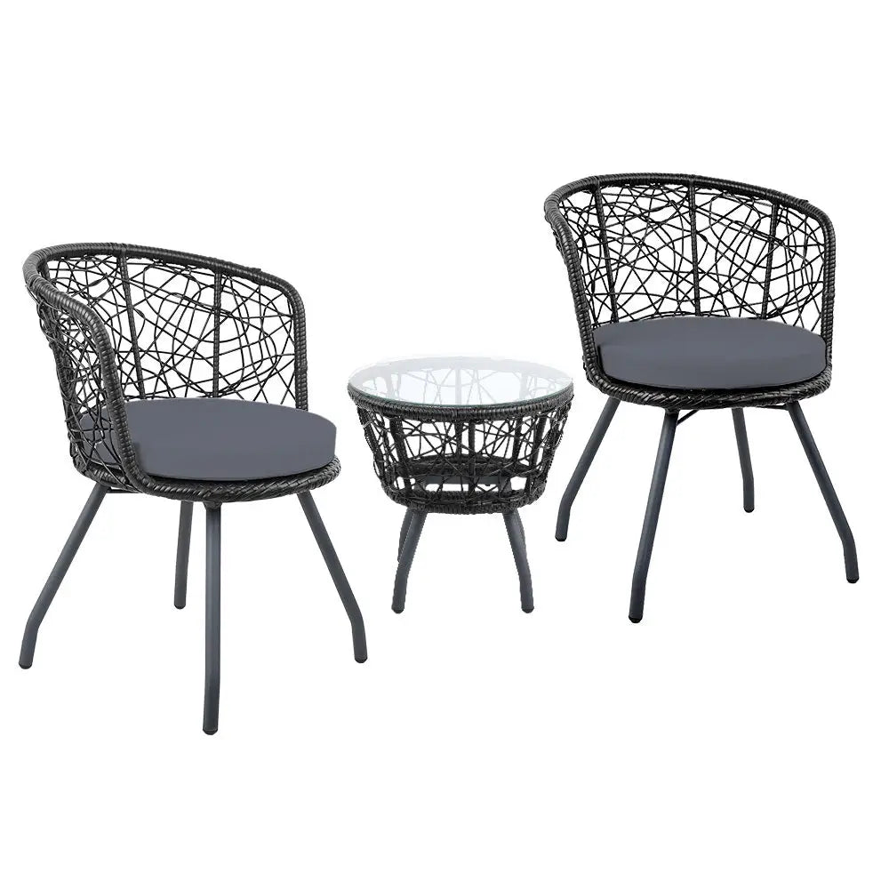 Gardeon 3PC Bistro Set Outdoor Furniture Rattan Table Chairs Patio Garden Cushion Black - Furniture > Outdoor