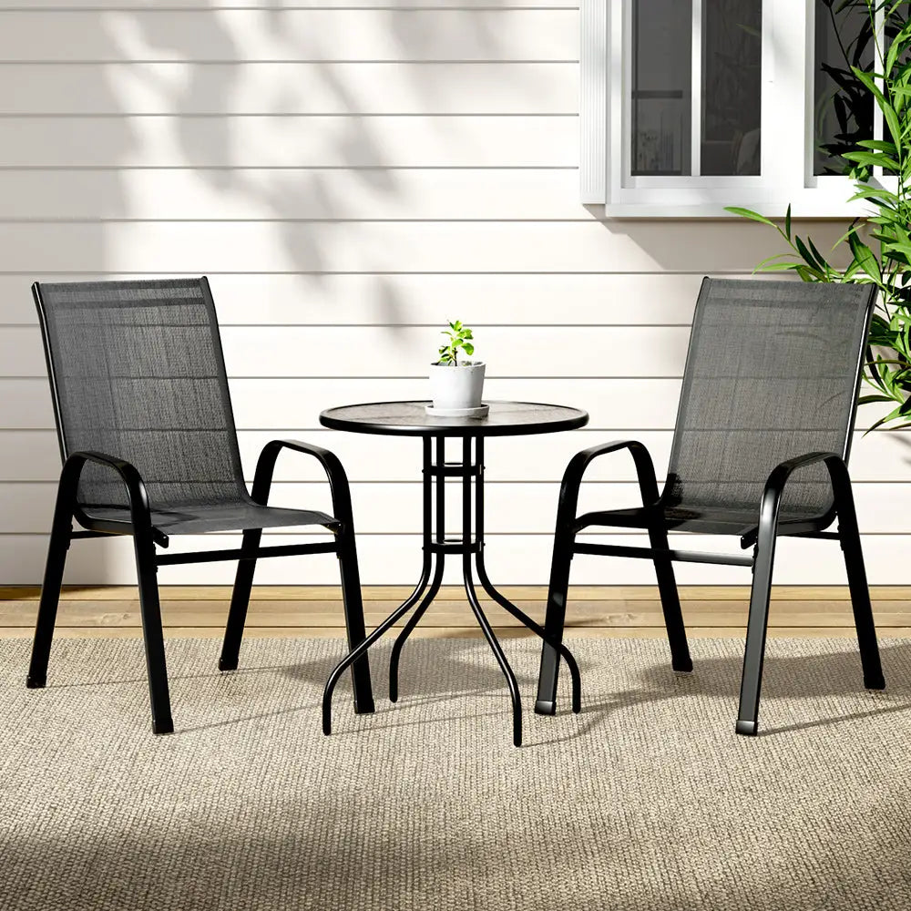 Gardeon 3PC Bistro Set Outdoor Table and Chairs Stackable Outdoor Furniture Black - Furniture > Outdoor