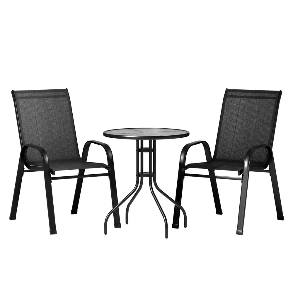 Gardeon 3PC Bistro Set Outdoor Table and Chairs Stackable Outdoor Furniture Black - Furniture > Outdoor