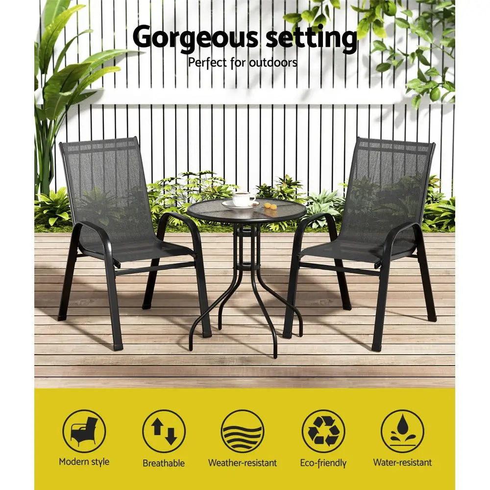 Gardeon 3PC Bistro Set Outdoor Table and Chairs Stackable Outdoor Furniture Black - Furniture > Outdoor