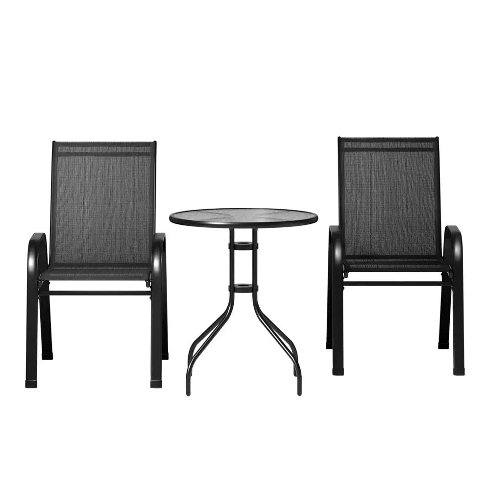 Gardeon 3PC Bistro Set Outdoor Table and Chairs Stackable Outdoor Furniture Black - Furniture > Outdoor