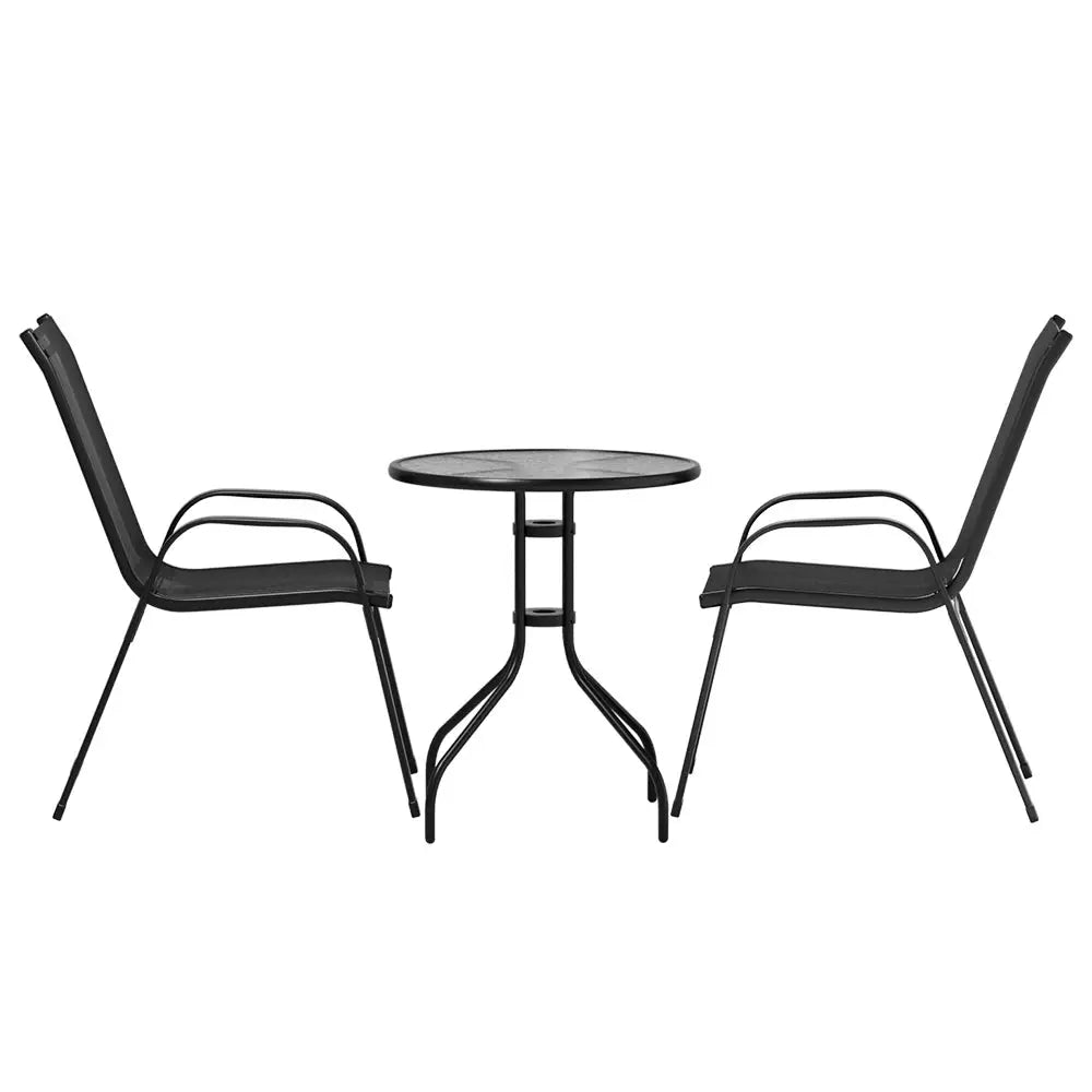Gardeon 3PC Bistro Set Outdoor Table and Chairs Stackable Outdoor Furniture Black - Furniture > Outdoor
