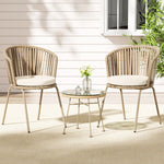 Gardeon 3PC Outdoor Bistro Set Patio Furniture Rope Setting Chairs Table Beige - Furniture > Outdoor