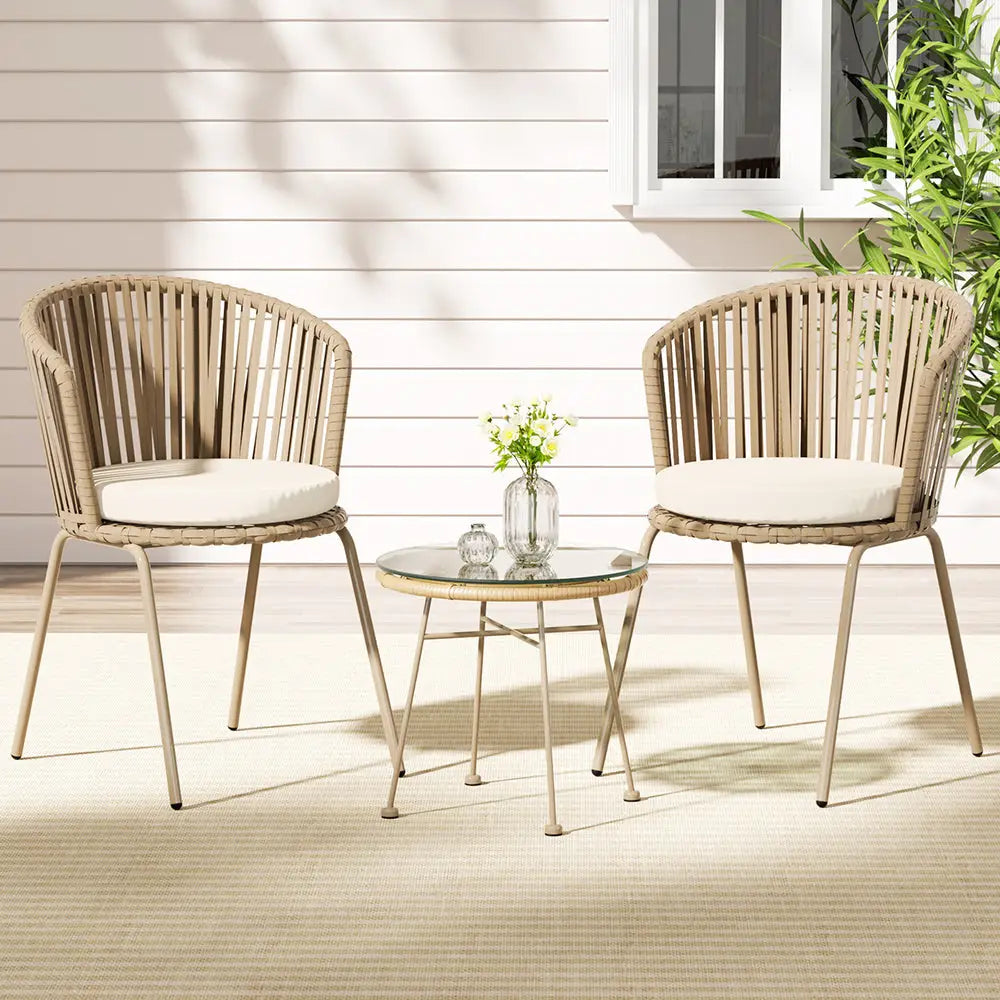 Gardeon 3PC Outdoor Bistro Set Patio Furniture Rope Setting Chairs Table Beige - Furniture > Outdoor