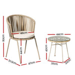 Gardeon 3PC Outdoor Bistro Set Patio Furniture Rope Setting Chairs Table Beige - Furniture > Outdoor