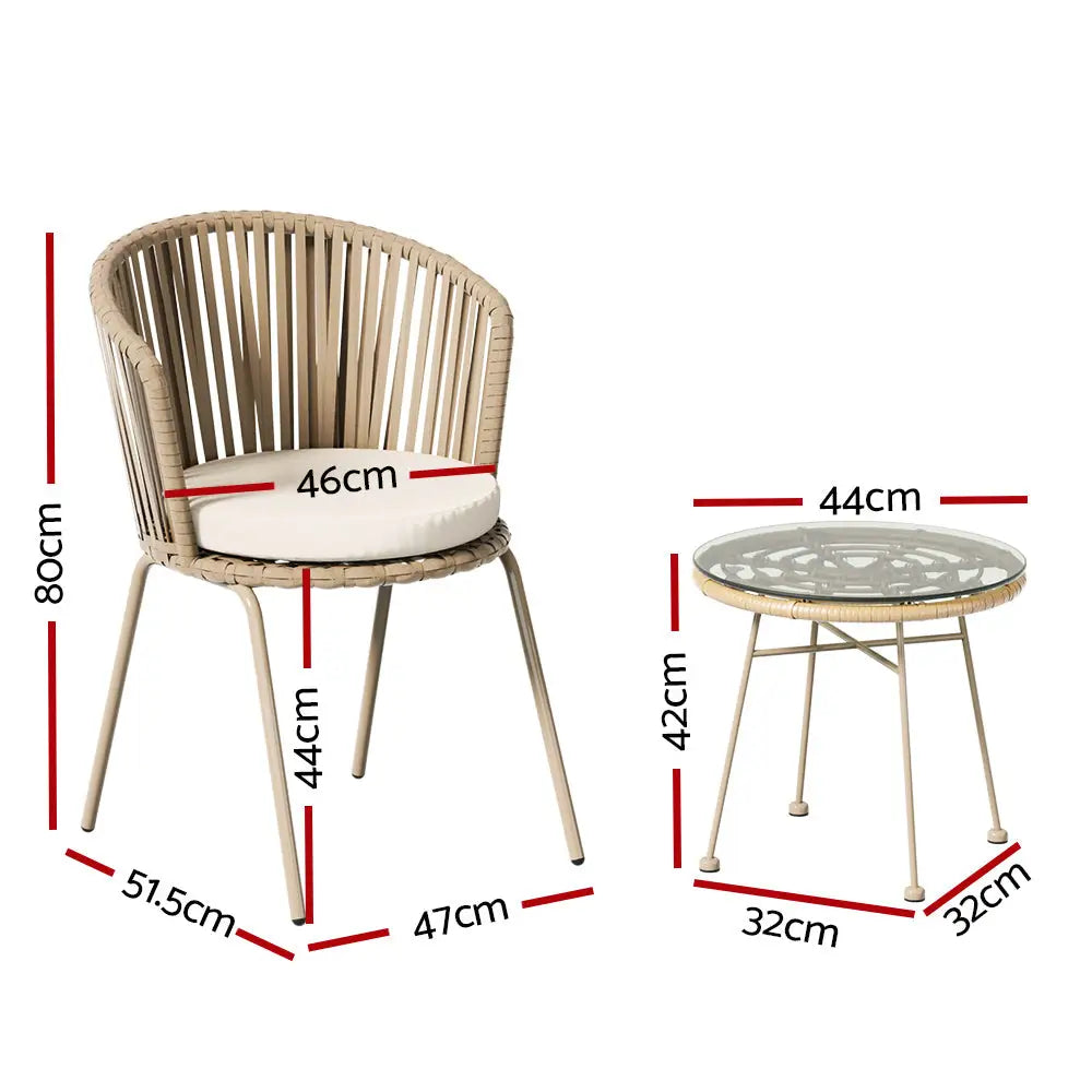 Gardeon 3PC Outdoor Bistro Set Patio Furniture Rope Setting Chairs Table Beige - Furniture > Outdoor