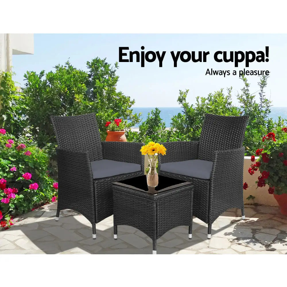 Gardeon 3PC Outdoor Bistro Set Patio Furniture Wicker Chairs Table Cushion All Black - Furniture > Outdoor