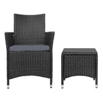 Gardeon 3PC Outdoor Bistro Set Patio Furniture Wicker Chairs Table Cushion All Black - Furniture > Outdoor