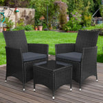 Gardeon 3PC Outdoor Bistro Set Patio Furniture Wicker Chairs Table Cushion All Black - Furniture > Outdoor