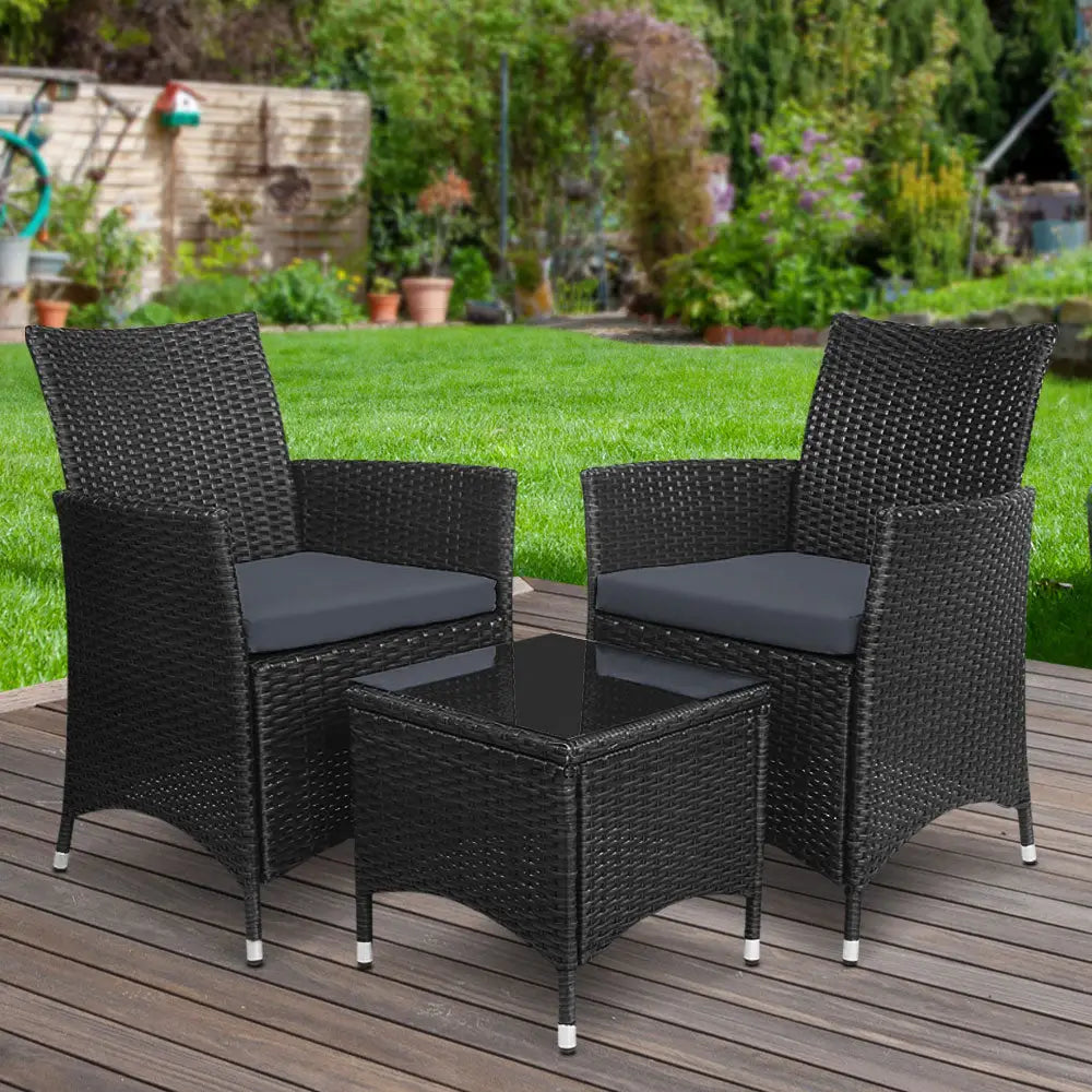 Gardeon 3PC Outdoor Bistro Set Patio Furniture Wicker Chairs Table Cushion All Black - Furniture > Outdoor