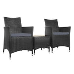 Gardeon 3PC Outdoor Bistro Set Patio Furniture Wicker Chairs Table Cushion All Black - Furniture > Outdoor