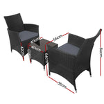 Gardeon 3PC Outdoor Bistro Set Patio Furniture Wicker Chairs Table Cushion All Black - Furniture > Outdoor