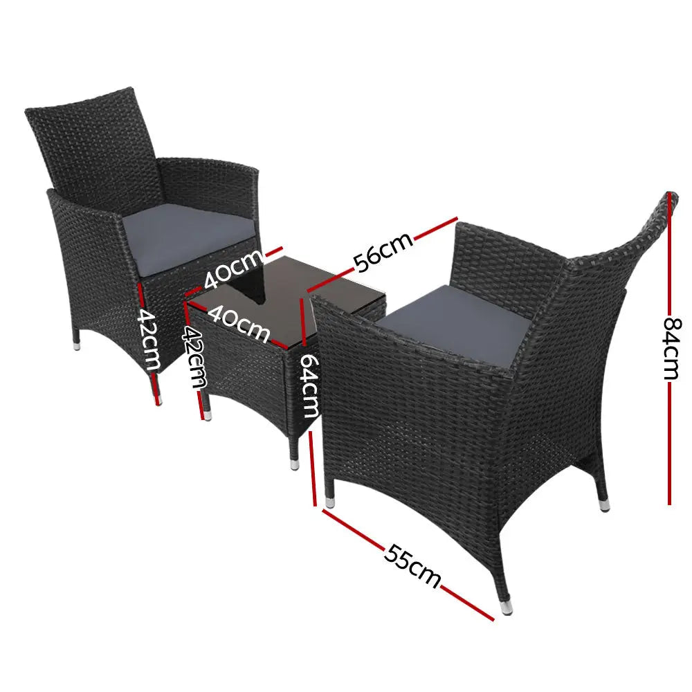 Gardeon 3PC Outdoor Bistro Set Patio Furniture Wicker Chairs Table Cushion All Black - Furniture > Outdoor
