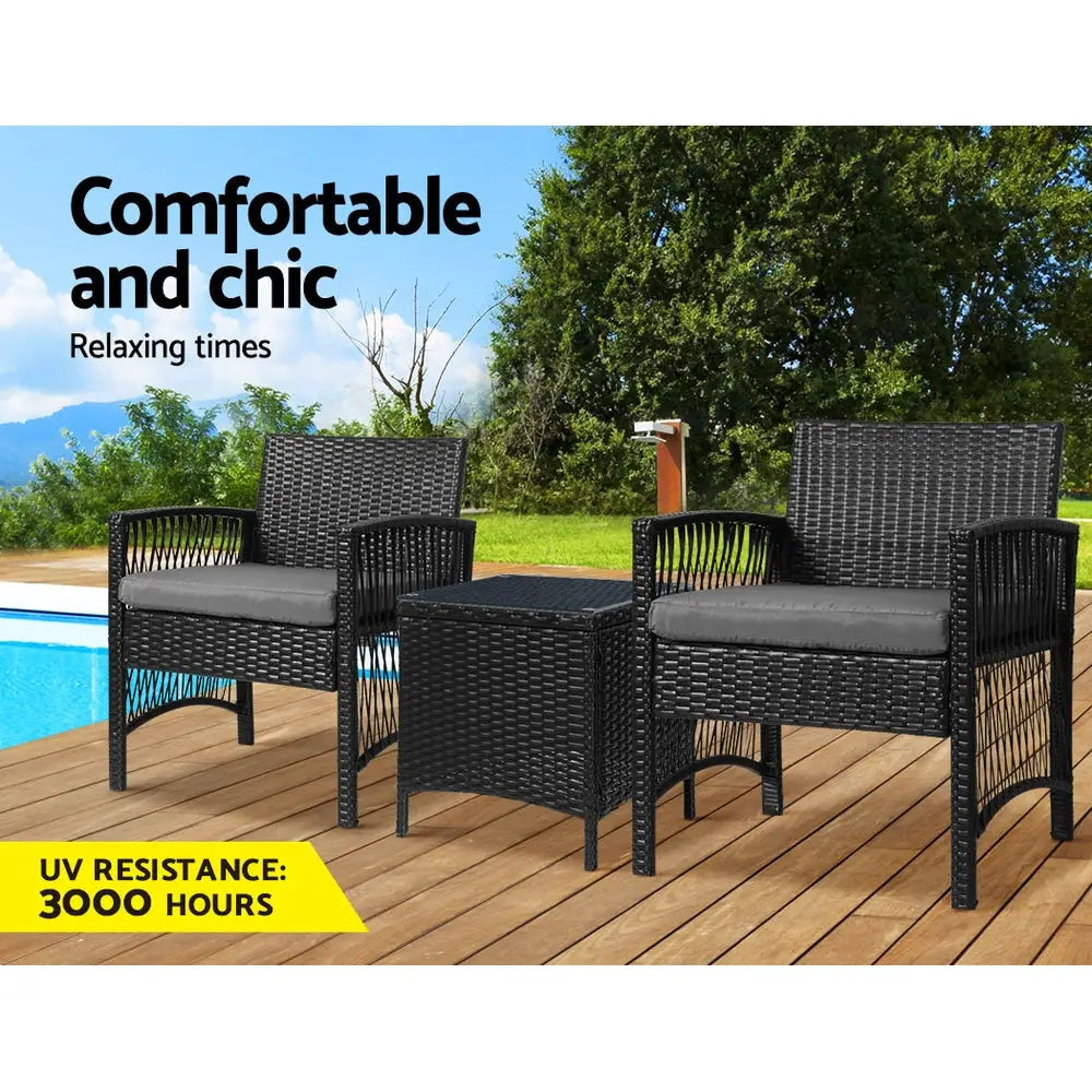 Gardeon 3PC Outdoor Bistro Set Patio Furniture Wicker Dining Chairs Table Cushion Black - Furniture > Outdoor > Outdoor